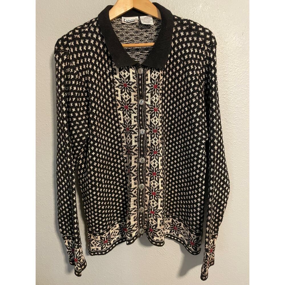 Capacity Sweater Womens Large Black White Button Up Knit Cardigan Nordic Y2K